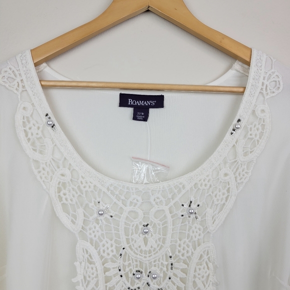 Roaman's Embellished Mesh Overlay Tunic Top Size 22W Ivory Lace Pearl Sheer - Picture 6 of 16